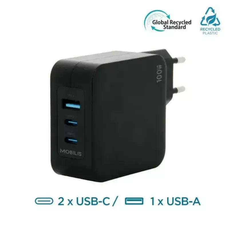 Ravanson Mobilis oplader 100W GaN 2×USB-C + 1×USB-A AC voor binnen — voor laptop, smartphone, tablet — zwart