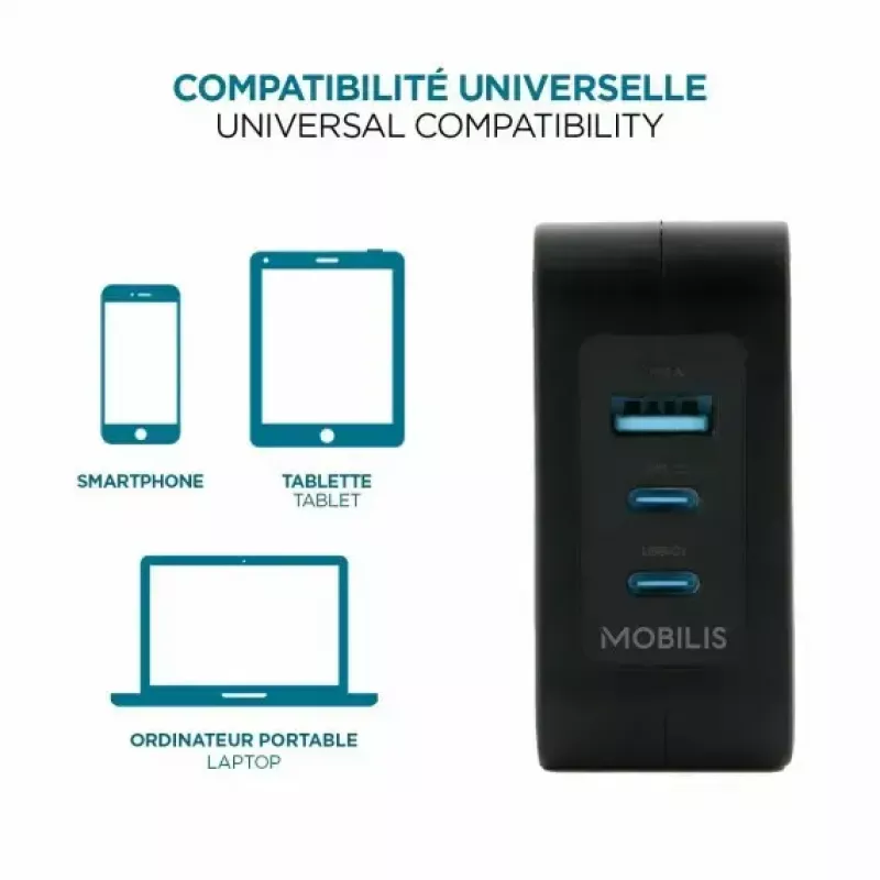 Ravanson Mobilis oplader 100W GaN 2×USB-C + 1×USB-A AC voor binnen — voor laptop, smartphone, tablet — zwart