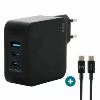 Ravanson Mobilis oplader 100W GaN 2×USB-C + 1×USB-A AC voor binnen — voor laptop, smartphone, tablet — zwart