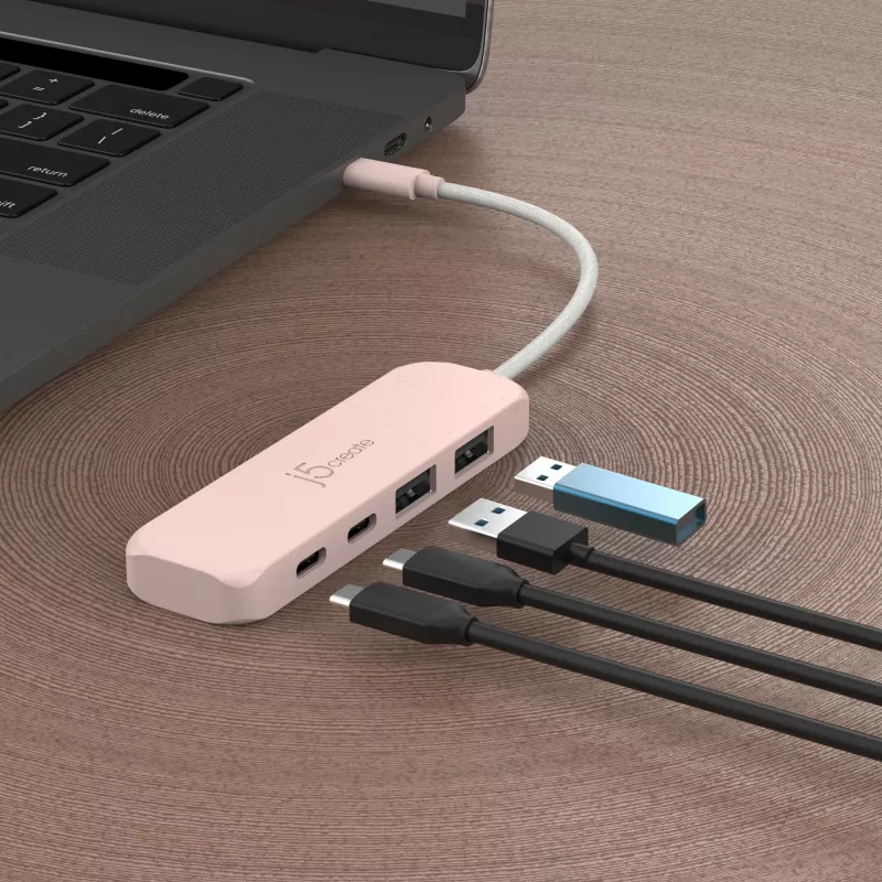 USB-C hub j5create JCH342ER-N 4-poorts Type-C Type-A Gen 2 10000 Mbit/s roze