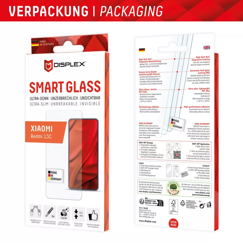 Displex Smart Glass (9H) voor Xiaomi Redmi 13C, montagesticker, onbreekbaar