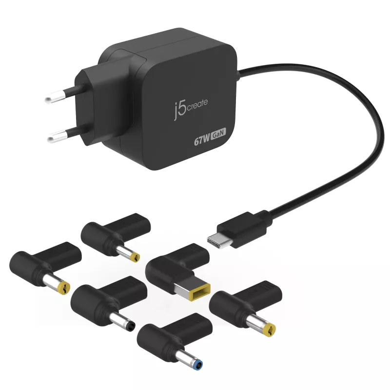 j5create JUP1565DC 67W GaN PD USB-C® Mini-oplader met 6 soorten DC-stekkers – EU, zwart