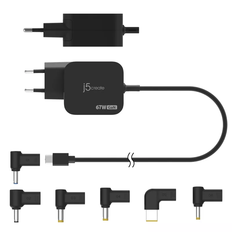 j5create JUP1565DC 67W GaN PD USB-C® Mini-oplader met 6 soorten DC-stekkers – EU, zwart