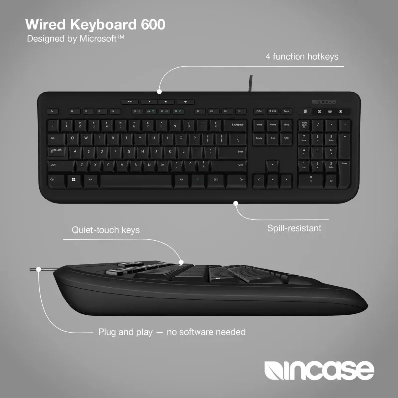 Bedrade full-size toetsenbord Incase Designed by Microsoft Wired 600 — USB, QWERTY, UK-Engels, zwart