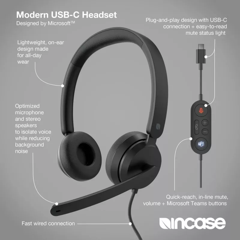 Incase Designed by Microsoft Modern USB-C Headset bedrade headset hoofdband kantoor/callcenter USB Type-C zwart