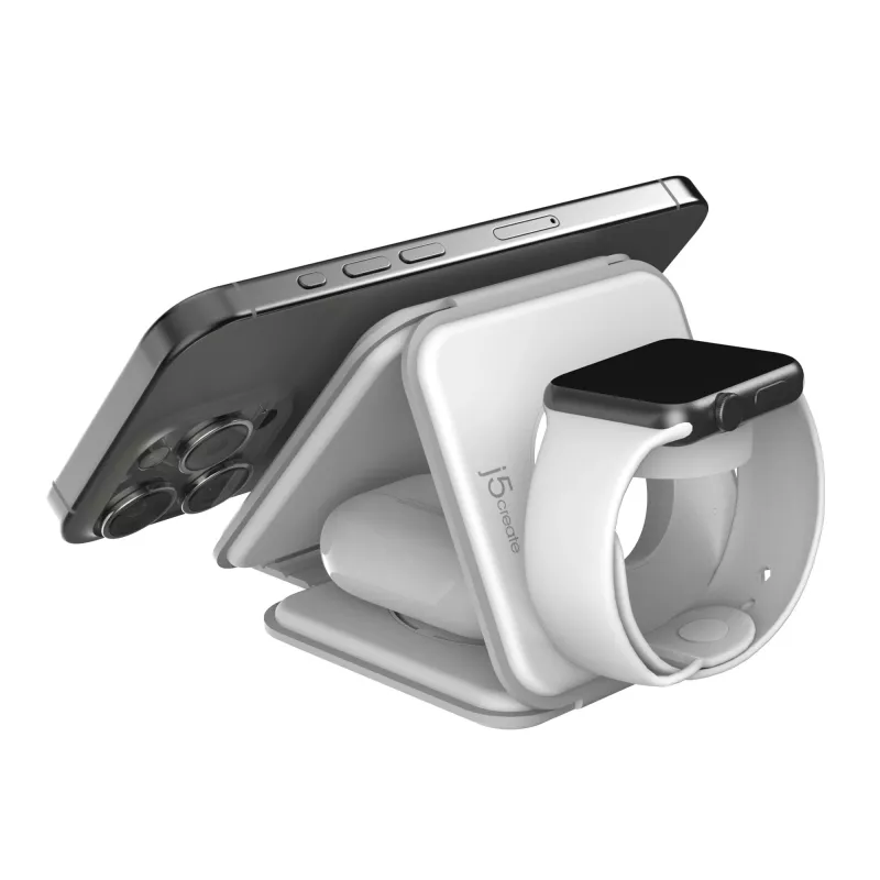 j5create Qi2 3-in-1 Magnetic Travel Wireless Charging Station indoor USB Fast Charging wit