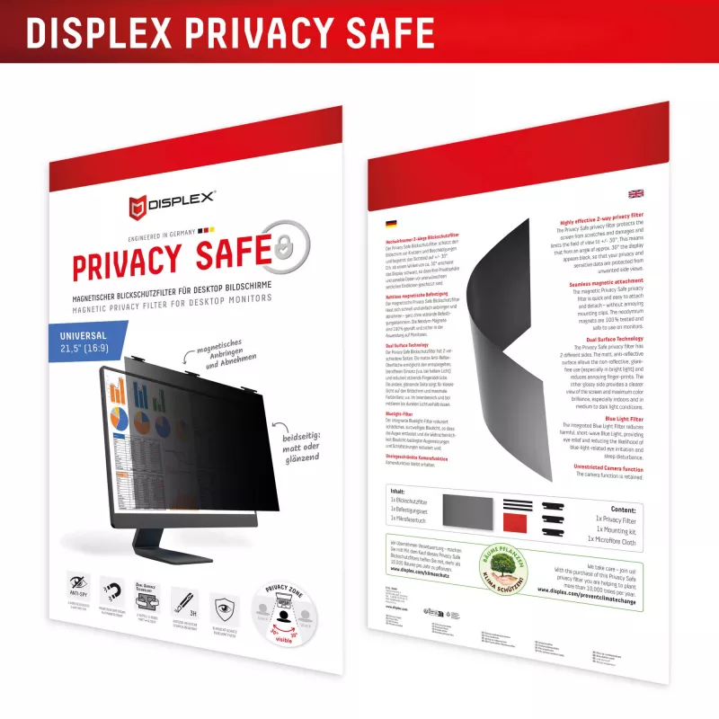 2-weg privacyfilter Displex PRIVACY SAFE 21,5 inch 16:9 glanzend/mat