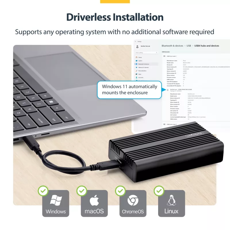 StarTech.com USB4 M.2 NVMe-behuizing, 40 Gbit/s, externe USB-C/Thunderbolt NVMe SSD-behuizing, aluminium koelbehuizing, B+M/M-Key