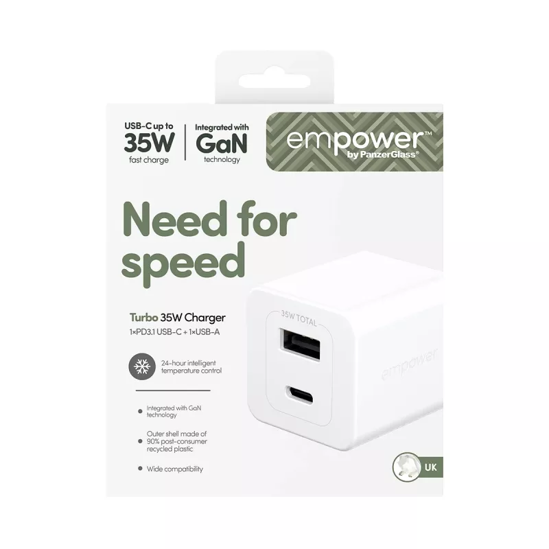 PanzerGlass empower™ by ® Turbo 35W oplader incl. USB-C + USB-A | UK-stekker | zilverwit