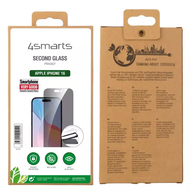 Displayschermfolie 4smarts 541197 voor Apple iPhone 16 gehard glas