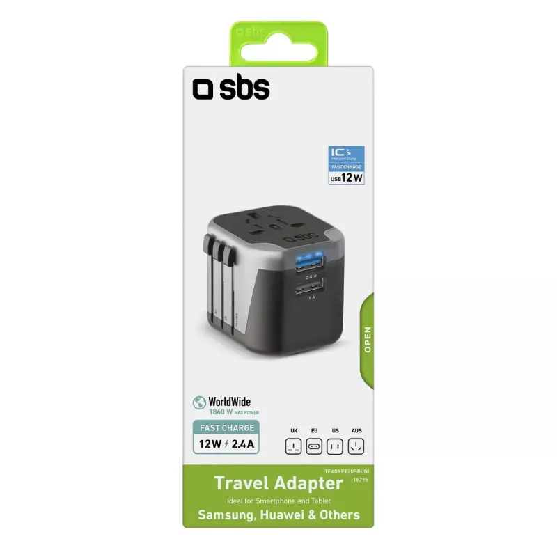 Voeding voor mobiele apparaten SBS Mobile TEADAPT2USBUNI — zwart/zilver, USB-adapter