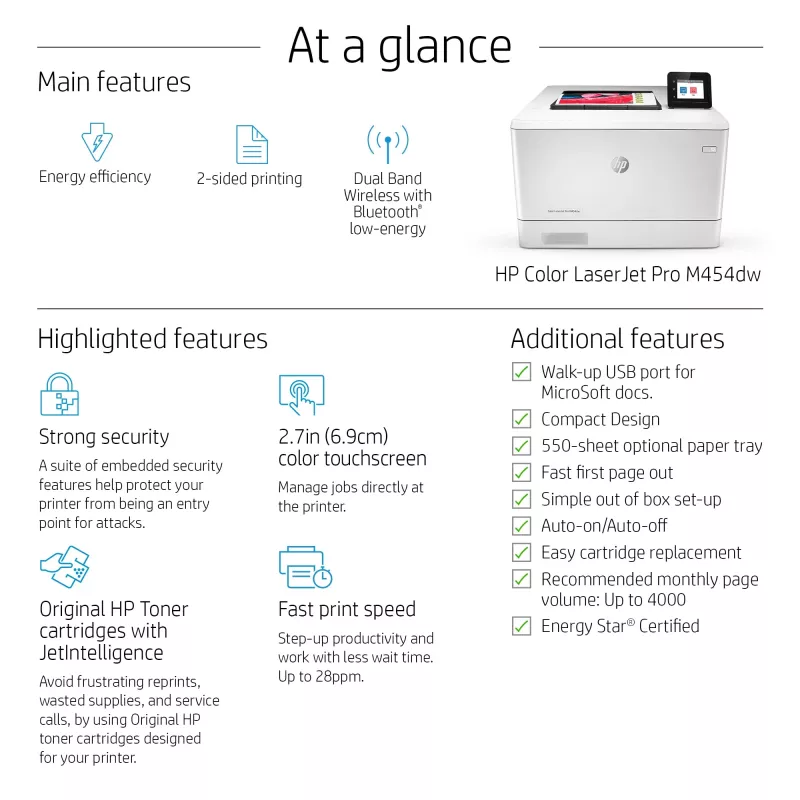 HP Color LaserJet Pro M454dw, printen, front-USB-printen; dubbelzijdig printen