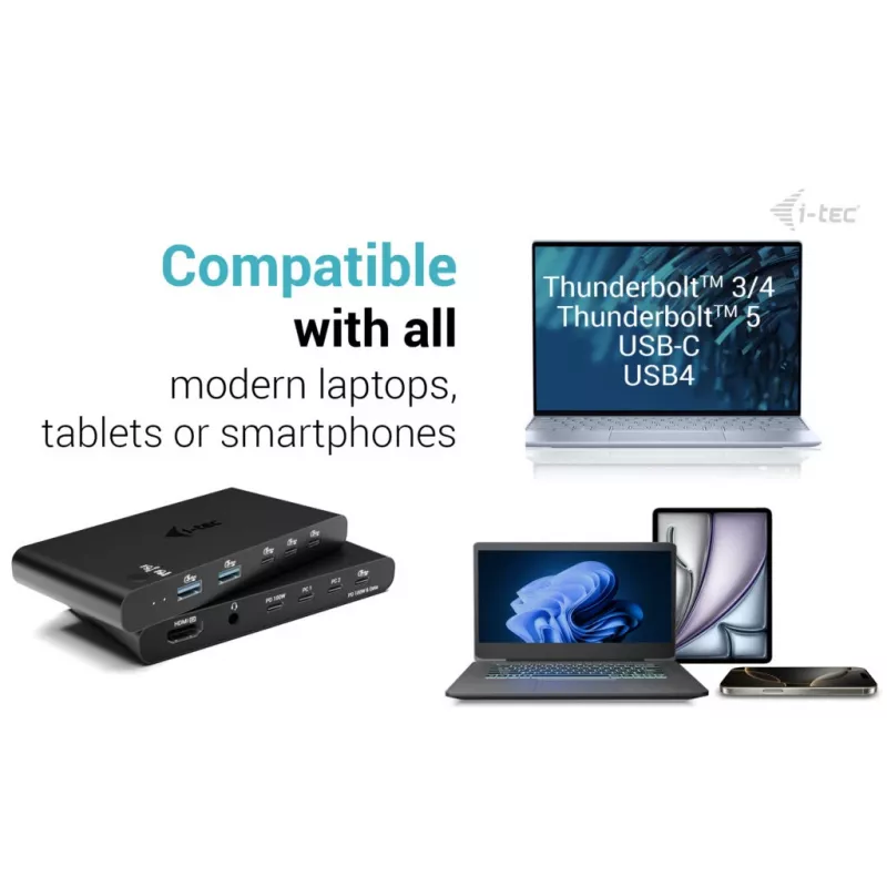 KVM-dockingstation i-tec voor 2 hosts HDMI, USB-C host-interface, PD 2×100W, 4K@60Hz, 2×USB-A