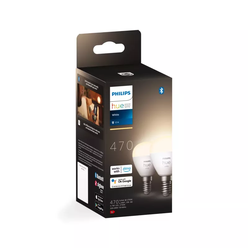 Philips Hue White E14 Luster ledlamp, P45, 5,7 W, 470 lm (2 st.)