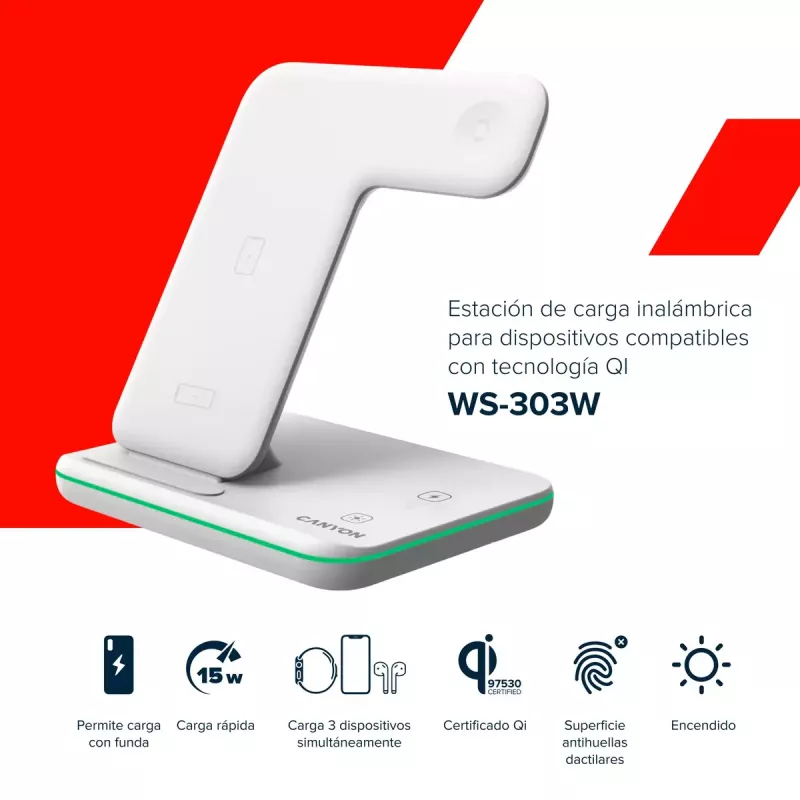 CANYON WS-303 3-in-1 Qi draadloze oplaadstandaard, 15 W, wit (CNS-WCS303W)