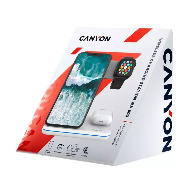 CANYON WS-303 3-in-1 Qi draadloze oplaadstandaard, 15 W, wit (CNS-WCS303W)