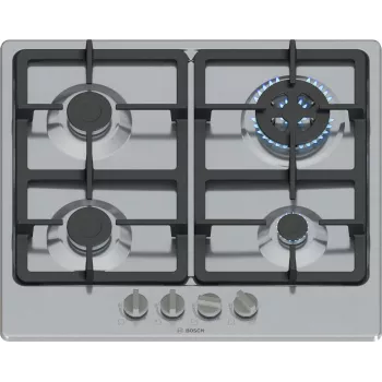 Inbouw-gaskookplaat Bosch Serie 4 PGH6B5K90, 4 zones RVS, 60 cm, draaiknoppen, wokbrander