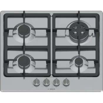 Inbouw-gaskookplaat Bosch Serie 4 PGH6B5K90, 4 zones RVS, 60 cm, draaiknoppen, wokbrander