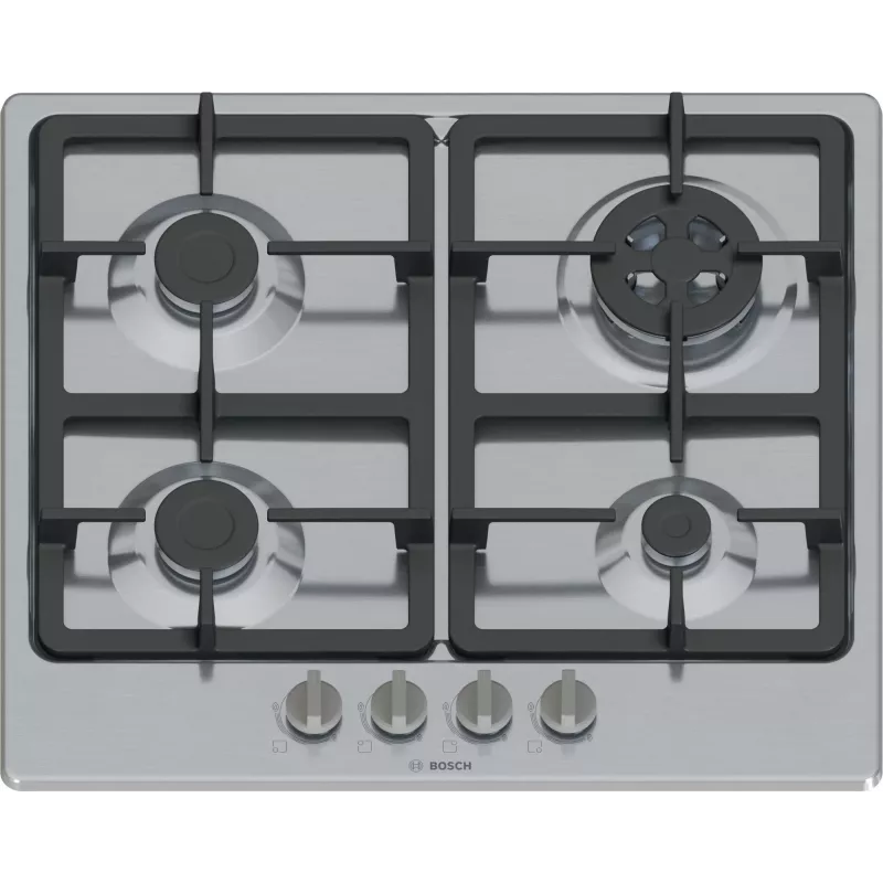 Inbouw-gaskookplaat Bosch Serie 4 PGH6B5K90, 4 zones RVS, 60 cm, draaiknoppen, wokbrander
