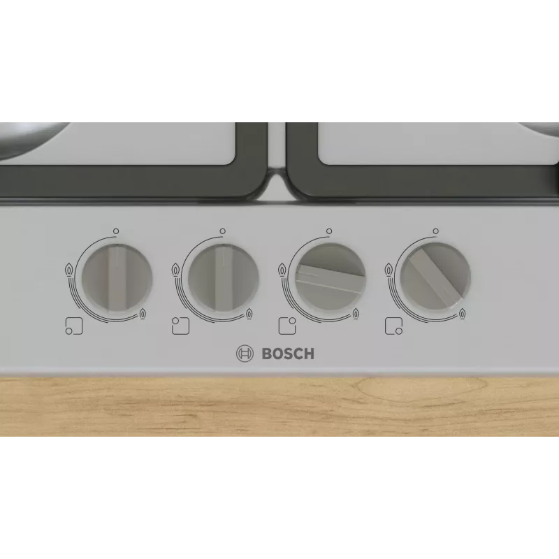Inbouw-gaskookplaat Bosch Serie 4 PGH6B5K90, 4 zones RVS, 60 cm, draaiknoppen, wokbrander