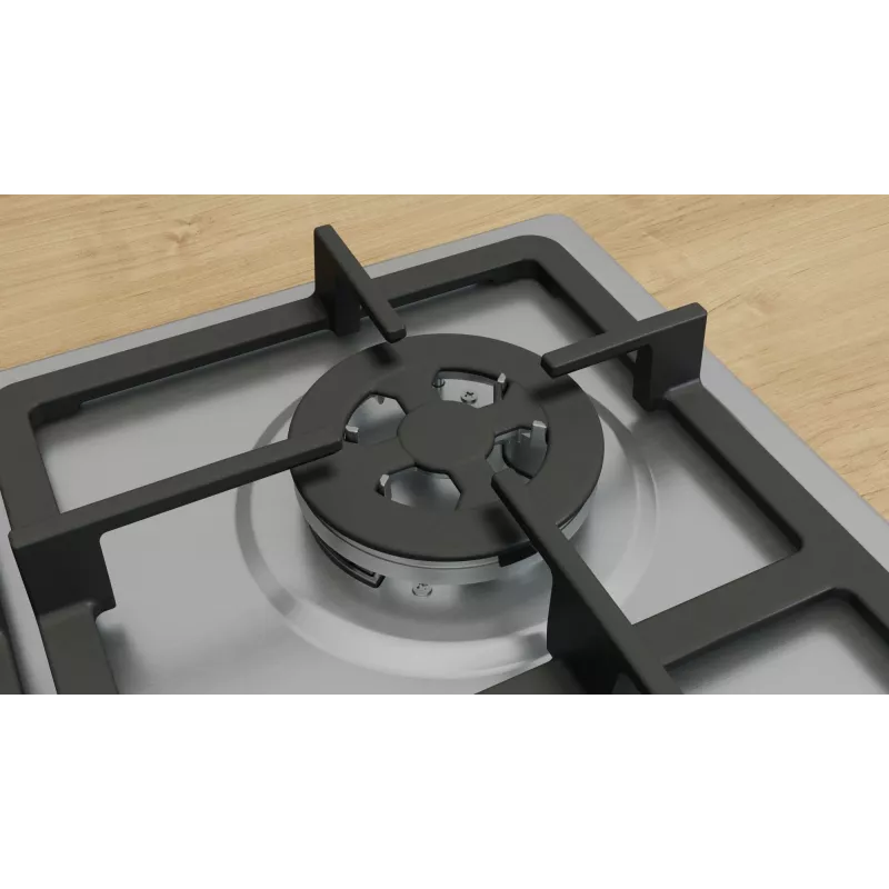 Inbouw-gaskookplaat Bosch Serie 4 PGH6B5K90, 4 zones RVS, 60 cm, draaiknoppen, wokbrander