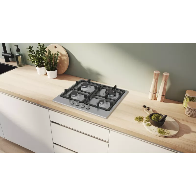 Inbouw-gaskookplaat Bosch Serie 4 PGH6B5K90, 4 zones RVS, 60 cm, draaiknoppen, wokbrander