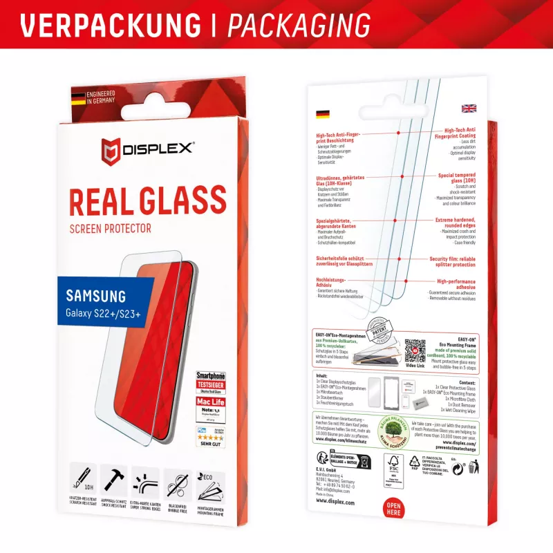 Displex beeldschermbeschermfolie (10H) voor Samsung Galaxy S22+/S23+, Eco-montageframe, krasvast