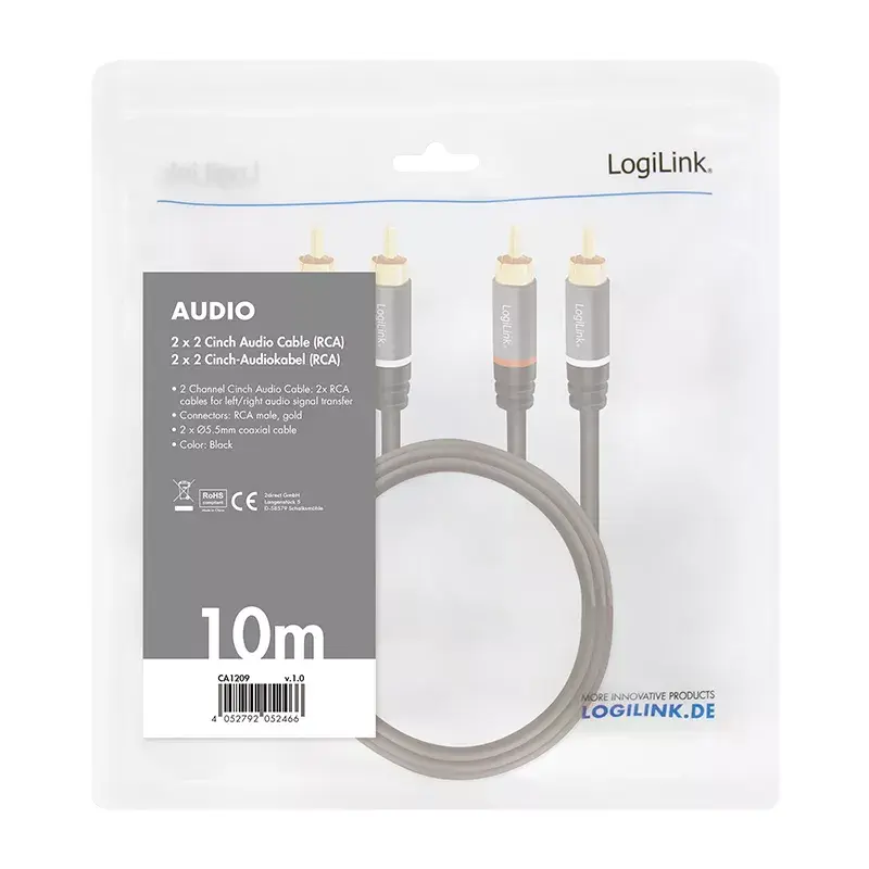 Audiokabel LogiLink CA1209 10m 2xRCA zwart