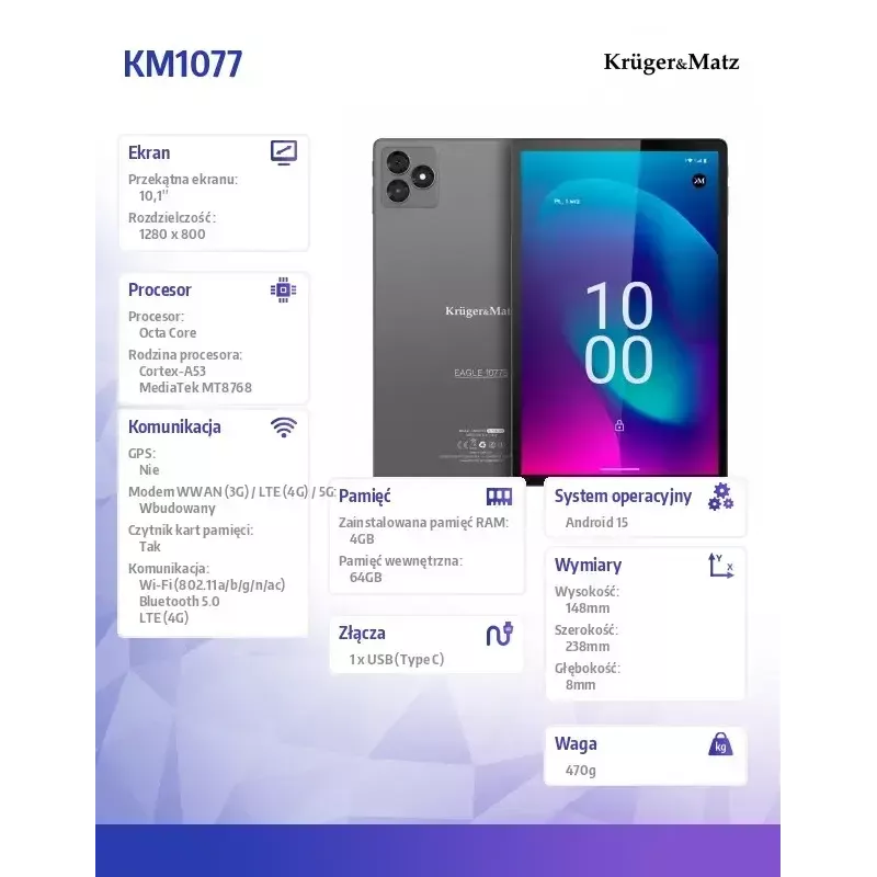Tablet Kruger & Matz KM1077 10,1-inch display quad-core 4 GB RAM 64 GB opslag Android