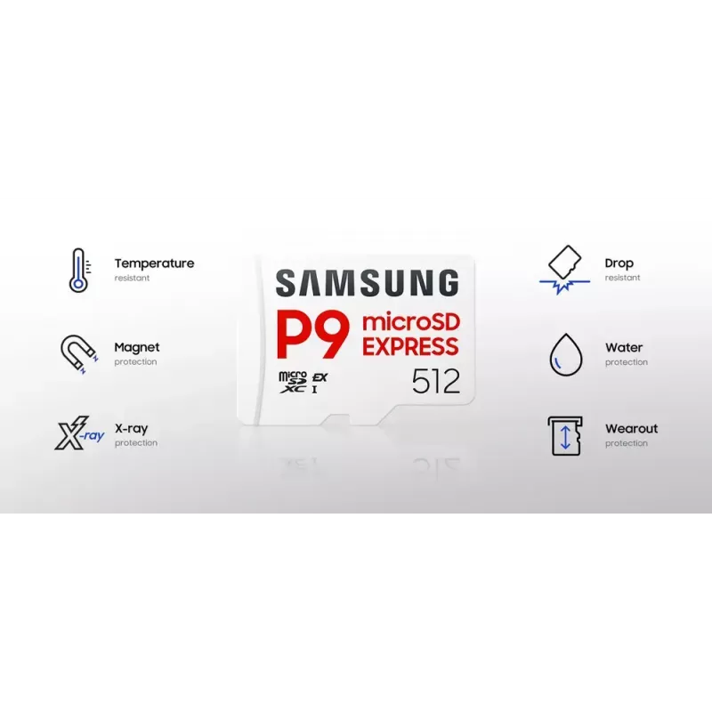 microSDXC-geheugenkaart Samsung P9 Express 512 GB, UHS-I, lezen 800 MB/s, V30, U1, wit