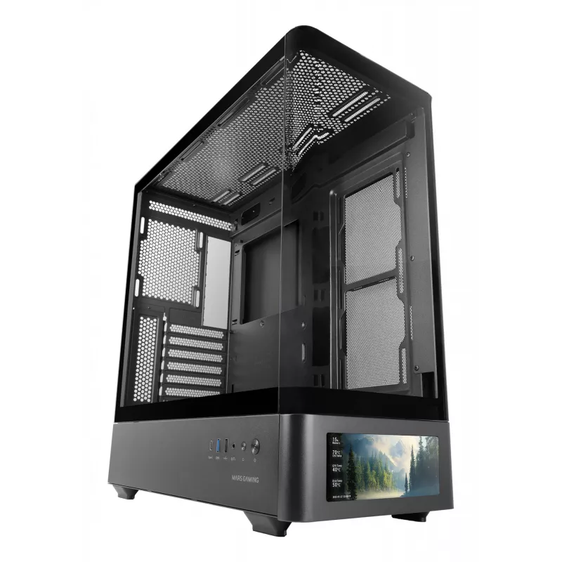 PC-behuizing TACENS Mars Gaming MCLCDPRO midi tower – zwart, IPS 7,2 inch display, voeding onderaan, ATX/Micro‑ATX/Mini‑ITX ondersteuning