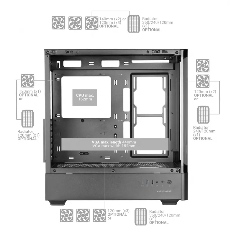 PC-behuizing TACENS Mars Gaming MCLCDPRO midi tower – zwart, IPS 7,2 inch display, voeding onderaan, ATX/Micro‑ATX/Mini‑ITX ondersteuning