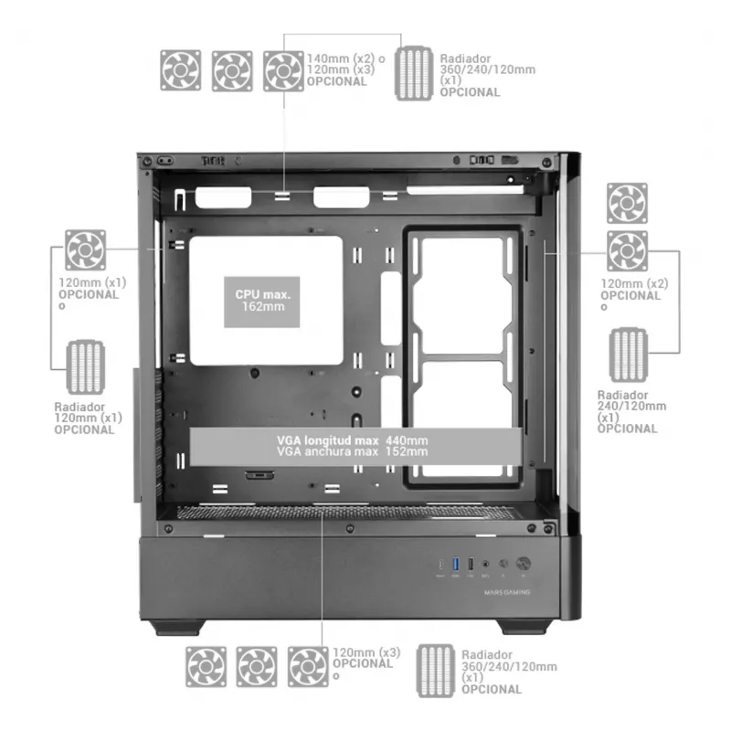PC-behuizing TACENS Mars Gaming MCLCDPRO midi tower – zwart, IPS 7,2 inch display, voeding onderaan, ATX/Micro‑ATX/Mini‑ITX ondersteuning