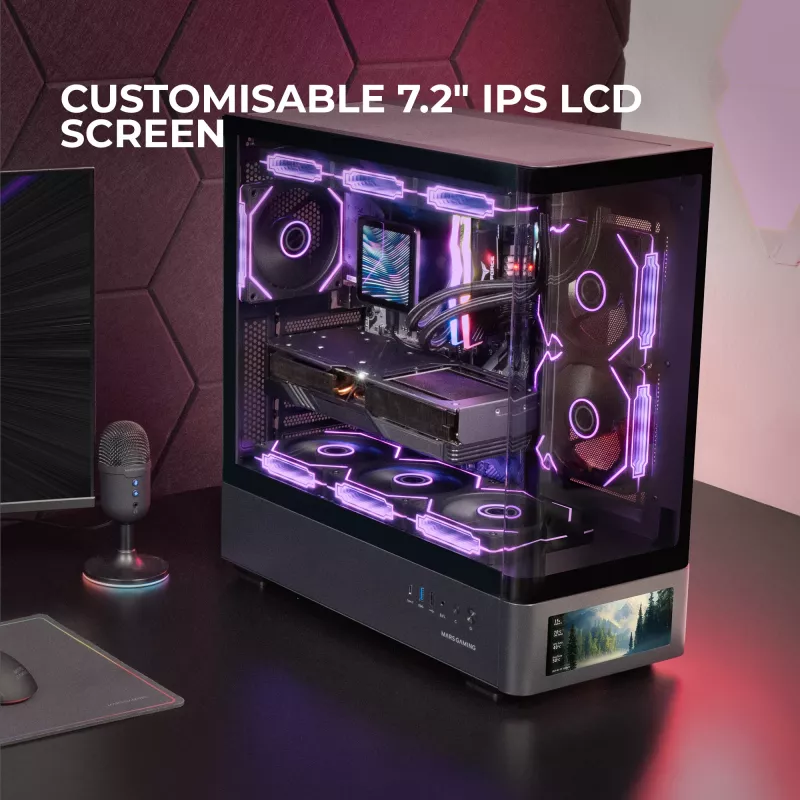 PC-behuizing TACENS Mars Gaming MCLCDPRO midi tower – zwart, IPS 7,2 inch display, voeding onderaan, ATX/Micro‑ATX/Mini‑ITX ondersteuning