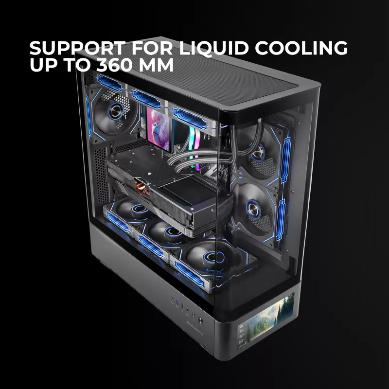 PC-behuizing TACENS Mars Gaming MCLCDPRO midi tower – zwart, IPS 7,2 inch display, voeding onderaan, ATX/Micro‑ATX/Mini‑ITX ondersteuning