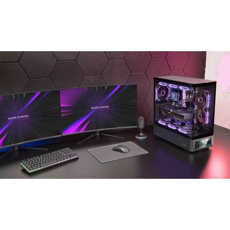 PC-behuizing TACENS Mars Gaming MCLCDPRO midi tower – zwart, IPS 7,2 inch display, voeding onderaan, ATX/Micro‑ATX/Mini‑ITX ondersteuning