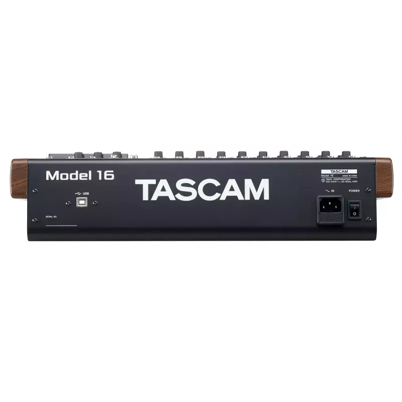 Tascam Model 16 audiomixer, 16 kanalen, digitale 16-sporenrecorder, 20-30000 Hz, zwart/goud/hout