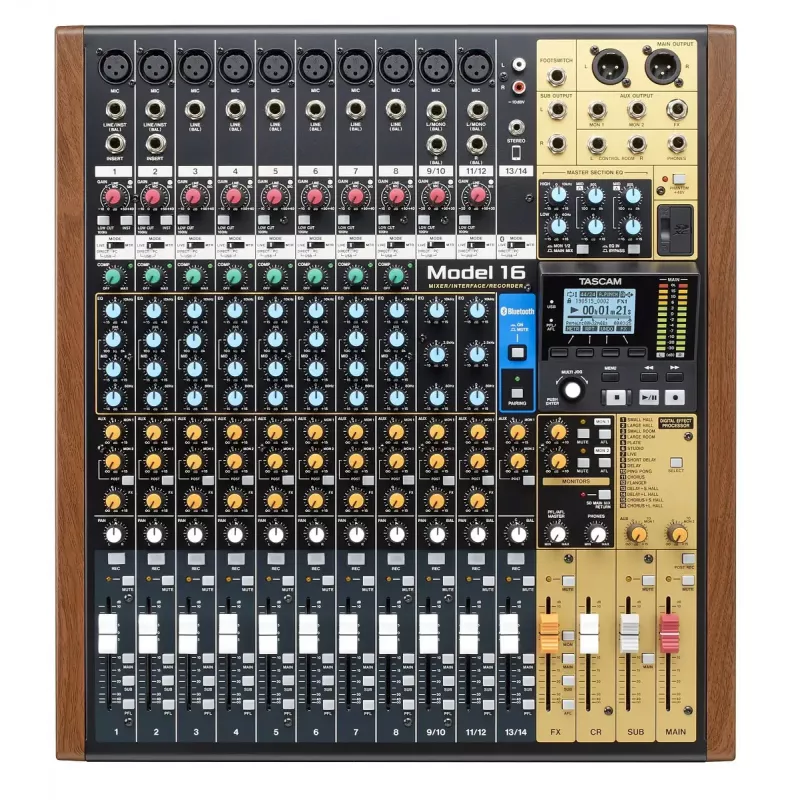 Tascam Model 16 audiomixer, 16 kanalen, digitale 16-sporenrecorder, 20-30000 Hz, zwart/goud/hout