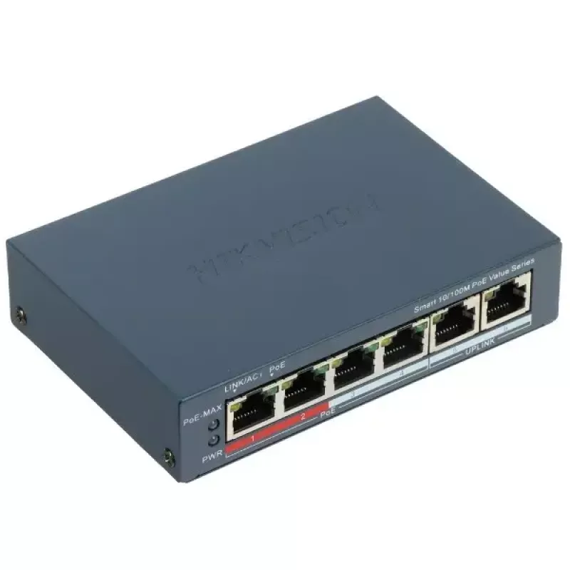 Hikvision DS-3E1106P-EI netwerkswitch — 6-poorts PoE Ethernet-switch, unmanaged, 10/100 Mbit/s