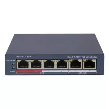 Hikvision DS-3E1106P-EI netwerkswitch — 6-poorts PoE Ethernet-switch, unmanaged, 10/100 Mbit/s