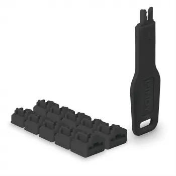 Poortblokkeringsset Lindy RJ45 port locks zwart — 10 stuks + 1 sleutel, compatibel met RJ-45-aansluitingen