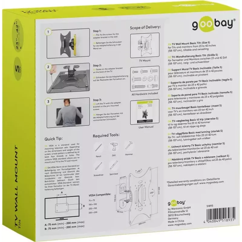 Goobay TV EasyFlex M Kantelbare wandbeugel, zwart (51893)