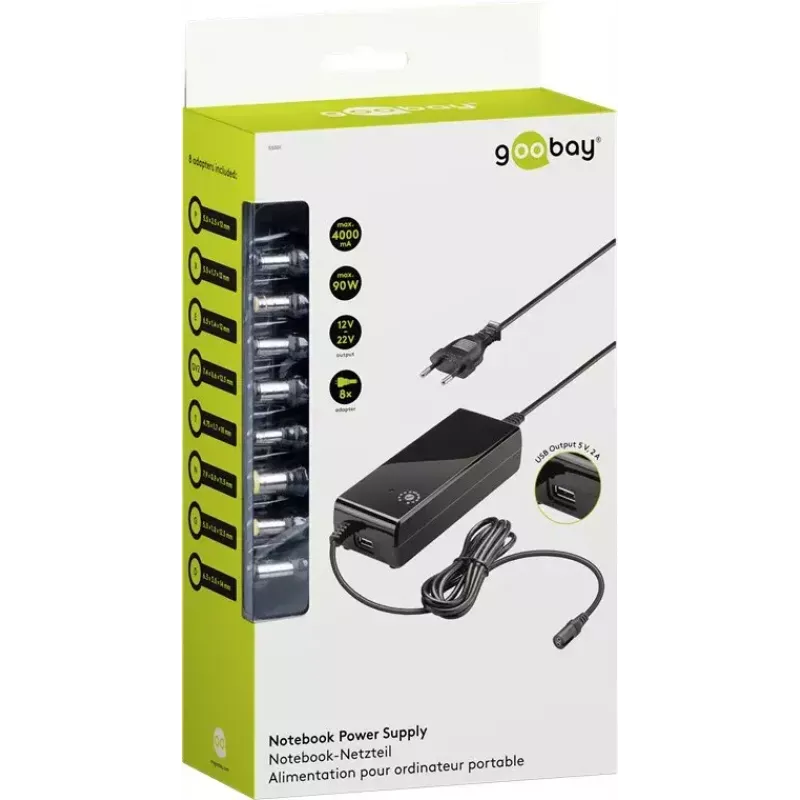 Goobay 81 W Notebookvoeding, zwart, 1,6 m, incl. USB en 8 DC-adapters