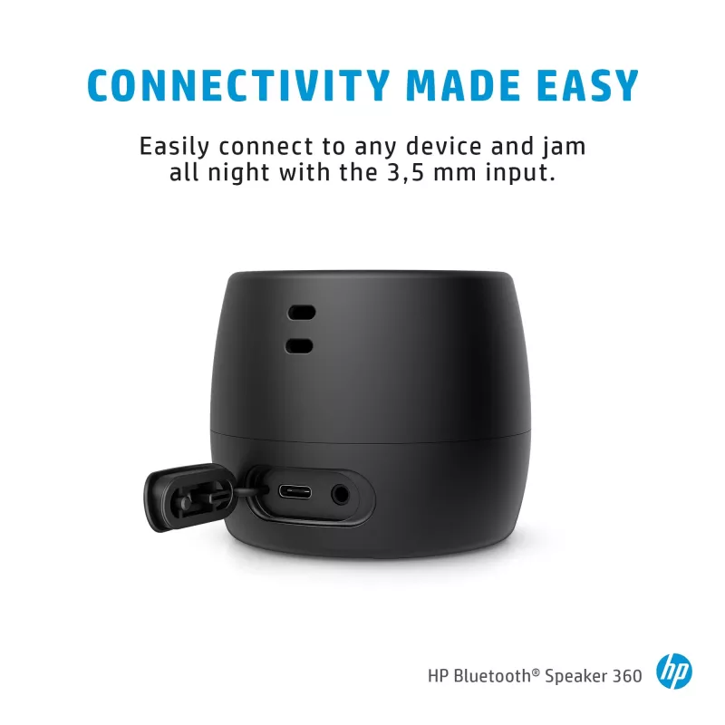 HP zwarte Bluetooth-luidspreker 360, kabel & draadloos, mono draagbare luidspreker, zwart, cilinder, knoppen, universeel