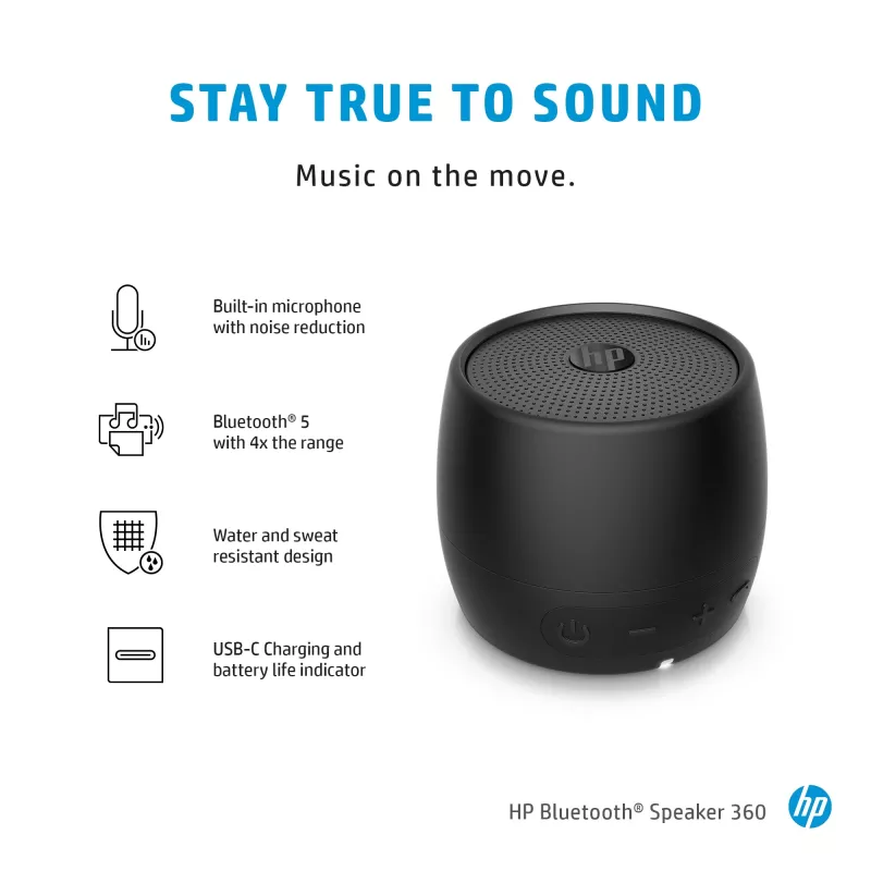 HP zwarte Bluetooth-luidspreker 360, kabel & draadloos, mono draagbare luidspreker, zwart, cilinder, knoppen, universeel