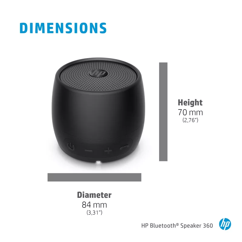 HP zwarte Bluetooth-luidspreker 360, kabel & draadloos, mono draagbare luidspreker, zwart, cilinder, knoppen, universeel