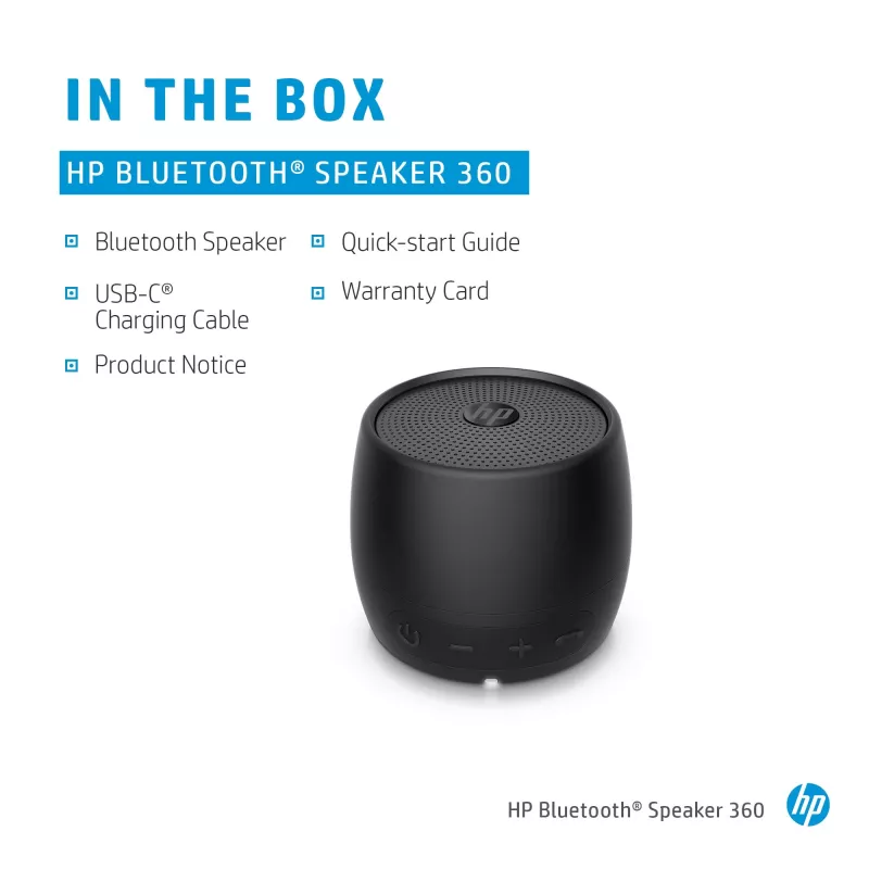HP zwarte Bluetooth-luidspreker 360, kabel & draadloos, mono draagbare luidspreker, zwart, cilinder, knoppen, universeel