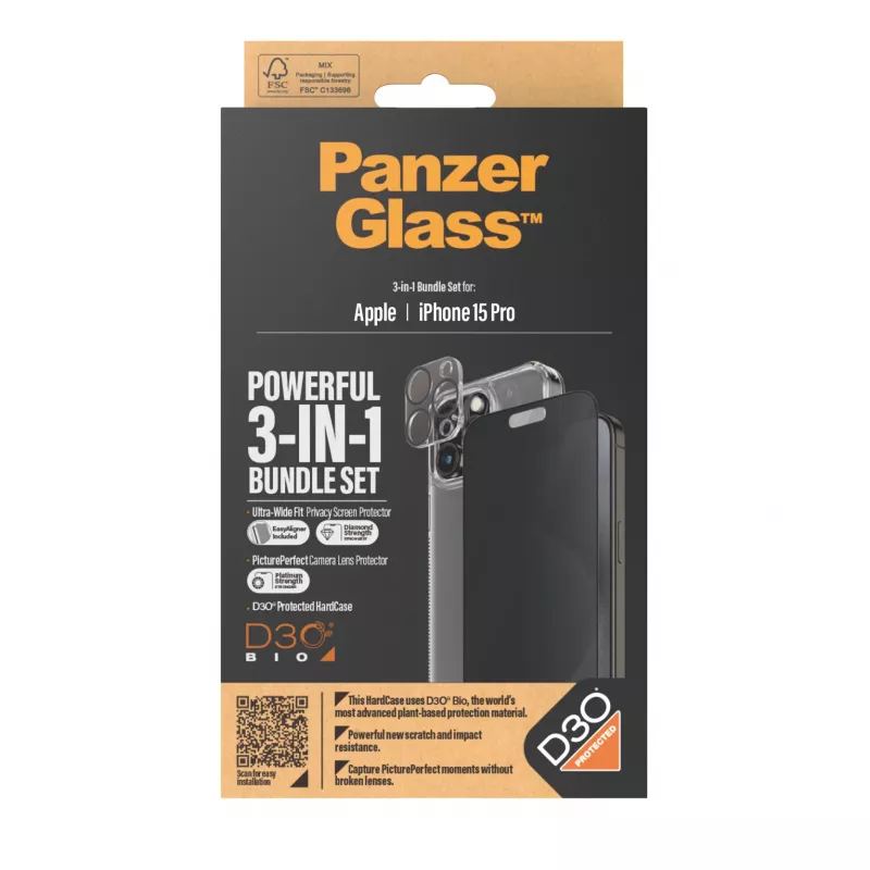 PanzerGlass Privacy 3-in-1 pack iPhone 15 Pro schokbestendig gehard glas