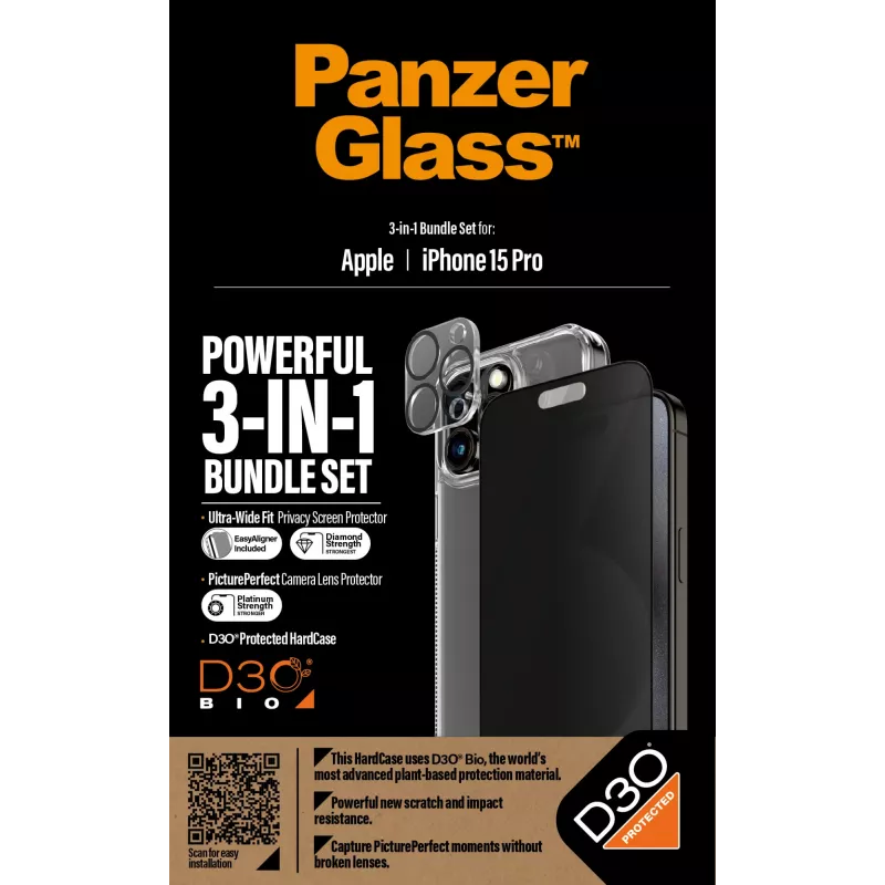 PanzerGlass Privacy 3-in-1 pack iPhone 15 Pro schokbestendig gehard glas