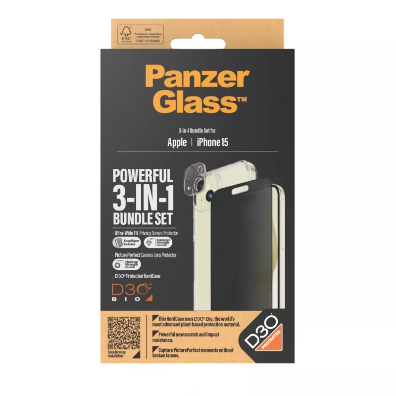 PanzerGlass ® Privacy 3-in-1-pack iPhone 15 schokbestendig gehard glas
